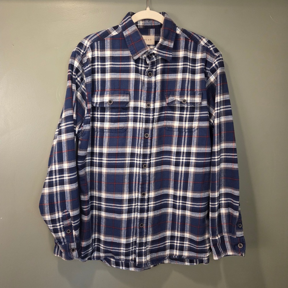 Jachs Men's Size L Tall Flannel Plaid Button Up Shirt 100% Cotton Navy Blue‎
